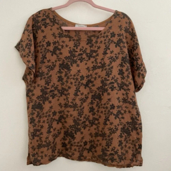 Bella Umbra 100% Linen Blouse M Brown Black Floral Made in Italy Boho Lagenlook - Picture 1 of 8
